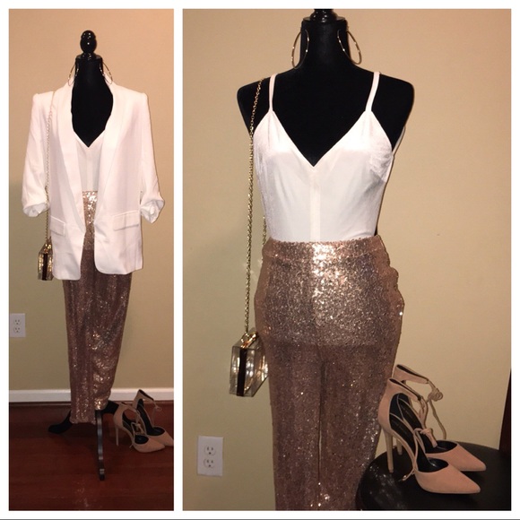 Forever 21 Pants - Forever 21 Velvet Sequin Jumpsuit Ivory/Champagne